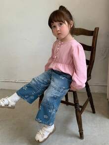 Dazy Kids Infant/Toddler (Girl) Washed Patchwork Korean Style Versatile Denim Jeans Fall - Blue - View 5