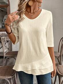 EMERY ROSE Blusa blanca con cuello en V y dobladillo de patchwork para mujer - Beis - Ver 5