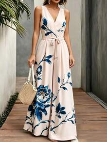 EMERY ROSE Women's Printed Fabric Lace-Up Jumpsuit, Elegant And Fashionable, Suitable For Vacation And Daily Wear. - Multicolor - View 2