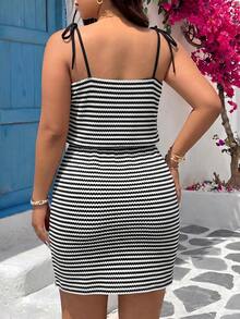 SHEIN VCAY Plus Size Summer Casual Striped Spaghetti Strap Dress - Black and White - View 2