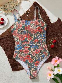 SHEIN Traje de baño de una pieza con estampado de cerezas y dos colores, conjunto de varias piezas para vacaciones de mujer - Multicolor - Ver 4