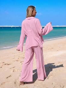 Swim Lushoire 26SS 春夏度假海灘優雅黑色刺繡寬腿褲罩衫 - 粉色 - 查看 2