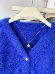 SHEIN 青少年女孩簡約時尚百搭單排扣長袖開襟衫 - 藍色 - 查看 6