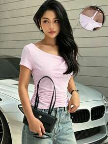 Yunfilé Women's Solid Color Off-Shoulder Ruched Fitted Casual Elegant Sexy T-Shirt Night Out Pink Summer - Pink - View 1