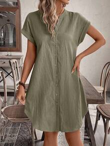 Comfylo Plus Size Casual Solid Color Front Button Dress Gym Brown - Army Green - View 7