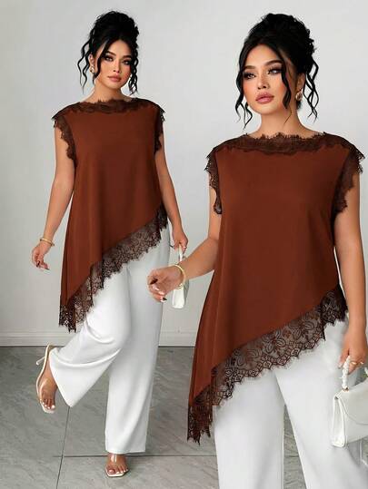 Elenzga Blusa sin mangas con cuello drapeado para mujer de talla grande, camisa elegante de estilo Old Money con contraste en blanco y negro, patchwork de encaje en el bajo, top sin mangas blanco elegante para ir a la oficina, adecuado para graduación, vacaciones, Día de San Valentín, festival de música, Día de la Madre, Halloween, Acción de Gracias, Pascua, Día Nacional, baile, cita, temporada de bodas, salidas, etc.