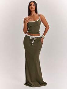 SHEIN BAE 2pcs Women's Casual Active Streetwear Vacation Colorblock Top And Long Mermaid Skirt Set, Suitable For Beach Brunch, Green And White, Summer - Army Green - View 6