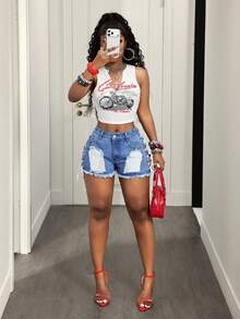 BamGleam Shorts Denim Desgastados Femininos com Bolsos Laterais, Cadarço com Ilhós e Bainha Desfiada - Azul - Visão 6