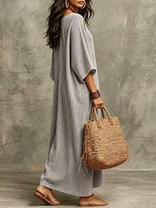 SHEIN Holidaya 女款休閒熱帶波西米亞風優雅度假條紋亞麻棉混紡洋裝，灰色格紋海灘秋季款 - 棕色 - 查看 2