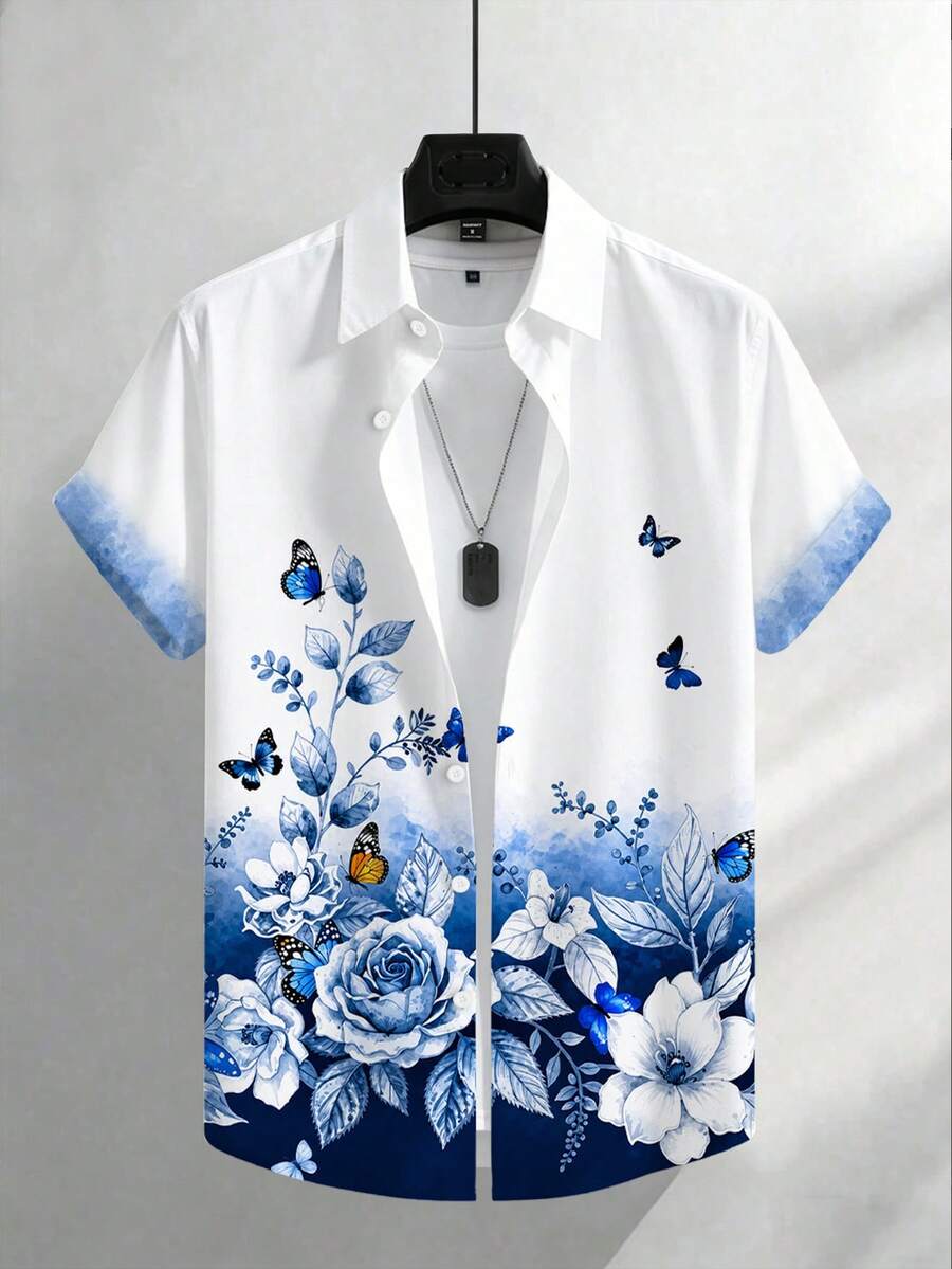 NEOREFINED 男士花卉與蝴蝶印花短袖襯衫,休閒百搭日常襯衫 - 藍色 - 查看 1