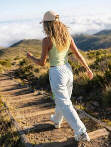 WanderVale Women's Drawstring Waist Zipper Design Casual Hiking Pants - Baby Blue - View 2
