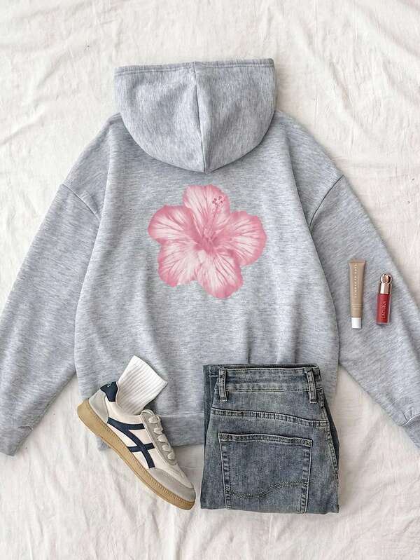 SHEIN Tween Girl Floral Print Hooded Casual Everyday Sweatshirt