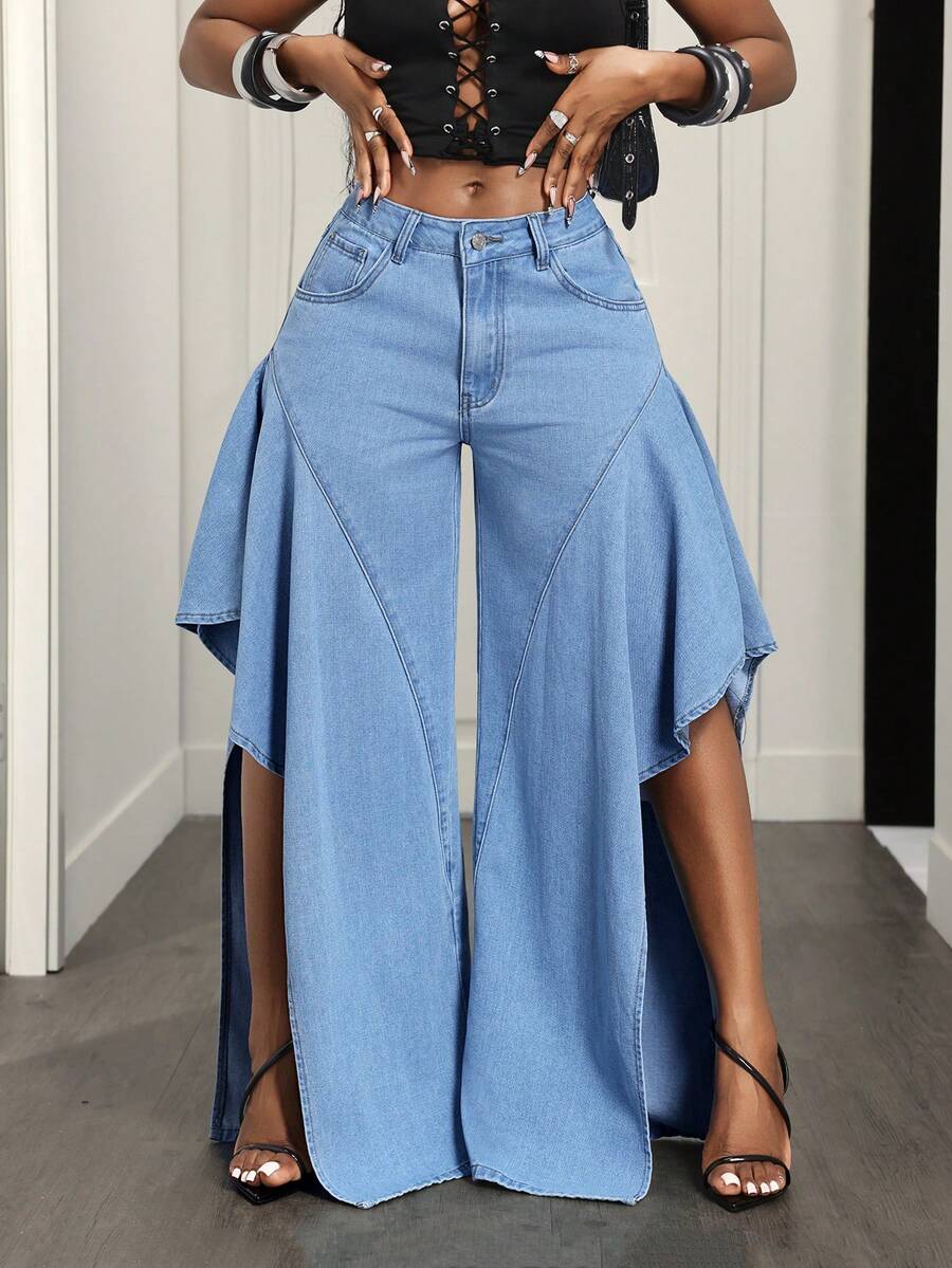BamGleam Jeans de mujer de moda para exteriores y vacaciones, con abertura alta, diseño calado y plisado, en color azul denim