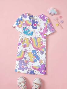 SHEIN X Care Bears Young Girl Cartoon Bear Pattern Round Neck Short Sleeve T-Shirt - White - View 1