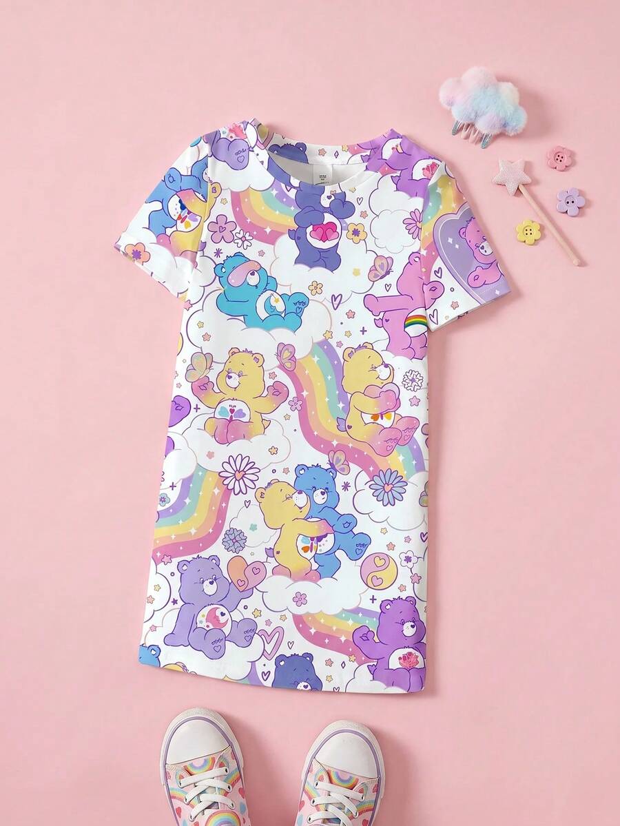 SHEIN X Care Bears Young Girl Cartoon Bear Pattern Round Neck Short Sleeve T-Shirt - White - View 1