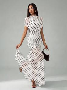 SHEIN Tall Summer Elegant Polka Dot Print Dress - White - View 8