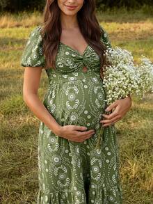Boho Mama Maternity Floral Print Twisted Design Short Petal Sleeve Dress - Green - View 1