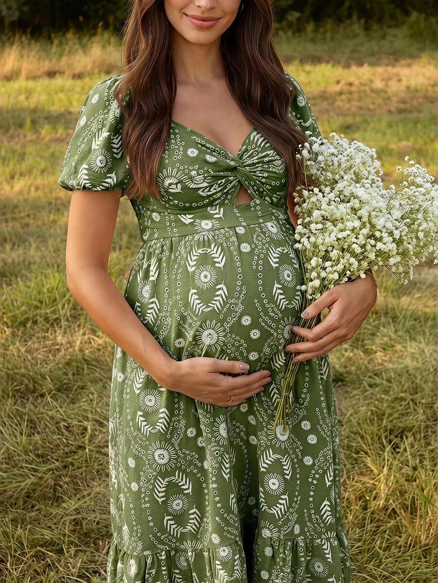 Boho Mama Maternity Floral Print Twisted Design Short Petal Sleeve Dress - Green - View 1
