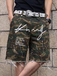 Manfinity Denimwave 男士迷彩字母印花口袋鈕扣休閒牛仔短褲，度假風 - 軍綠色 - 查看 3