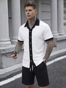Manfinity CasualCool Men's Knit Jacquard Solid Color Patchwork Shirt Set - Multicolor - View 5