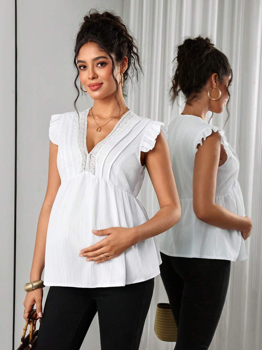SHEIN Maternity Summer Casual Elegant Normal Solid Color Lace Patchwork Blouse Babyshower Allover White - White - View 1