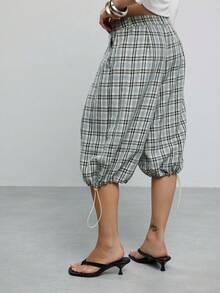 COUREZ Low Rise Balloon Cropped Parachute Trousers Adjustable Hem Y2K Casual Old Money 70's Inspired Capris For Women Summer Everyday Formal Work Grey Plaid - Multicolor - View 3
