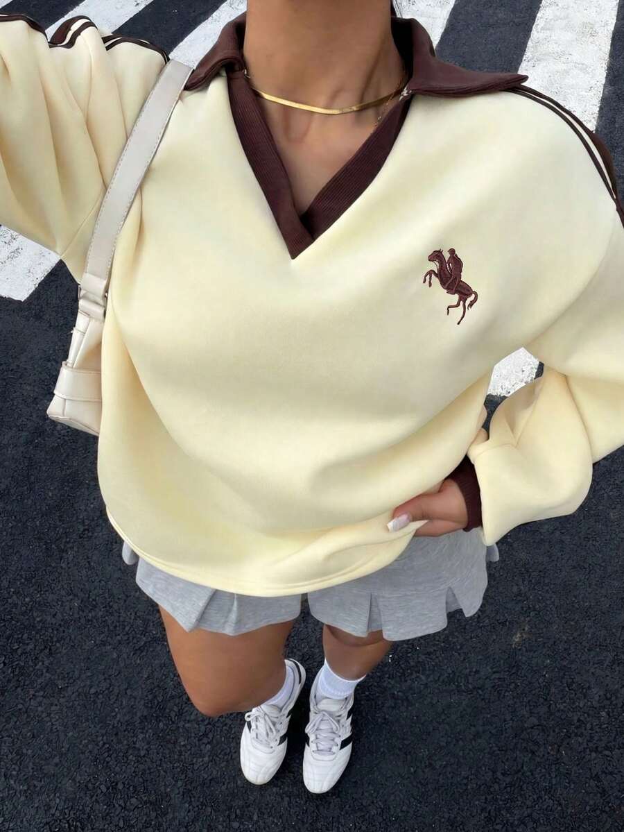 Muchica Casual Women's Plus Size Rider Print Drop Shoulder Long Sleeve Sweatshirt Fall - Yellow - View 1