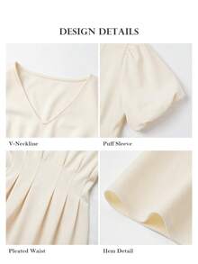 ELLERISSA Curve Elegant White Summer Party Midi Dress,Puff Sleeve Box Pleated V Neck A Line Structured Gown,Plus Size Women's Formal Work Outfits - White - View 6