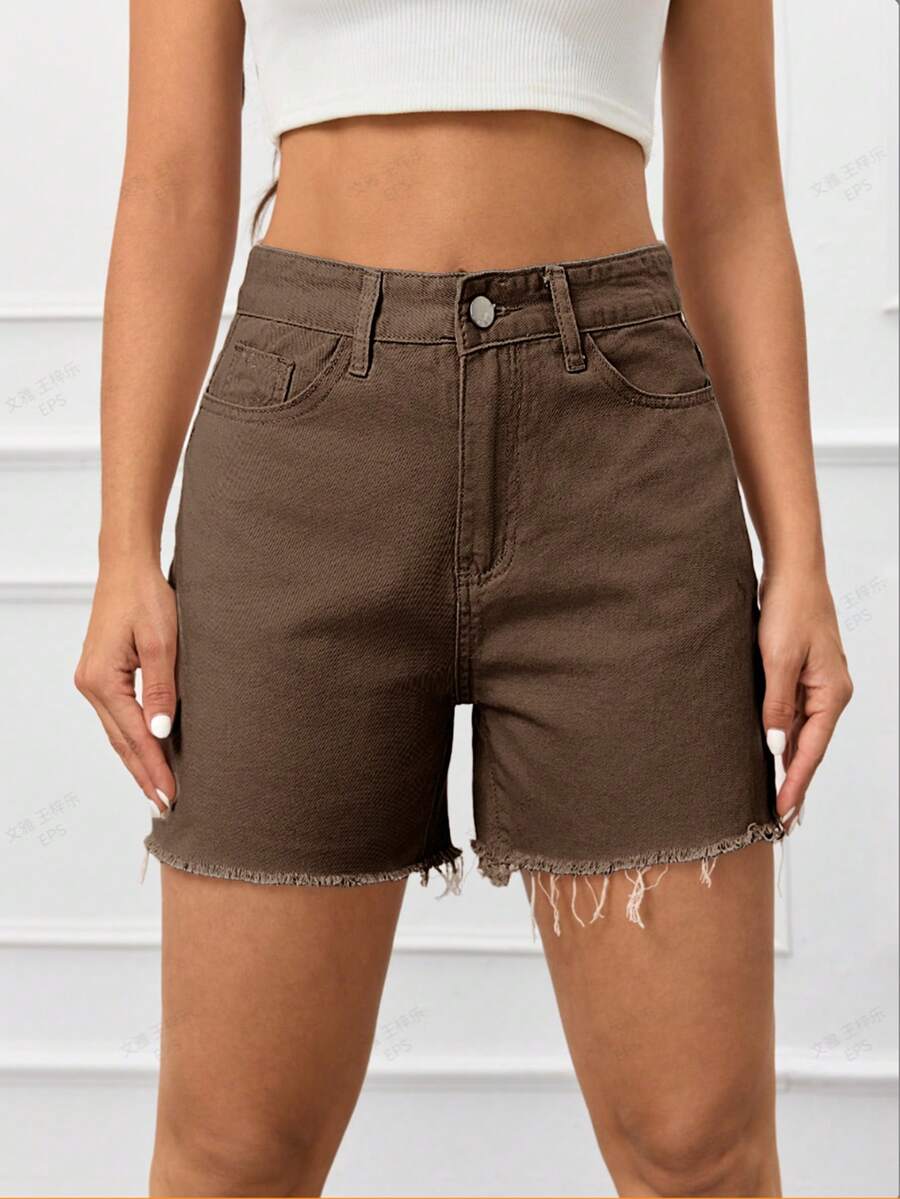 Celana Pendek Denim Kasual Wanita Pinggang Tinggi dengan Saku dan Ujung Berumbai - Coklat - View 1
