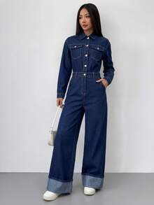 SHEIN EZwear 女款時尚通勤牛仔連身褲 秋季優雅街頭風休閒 Y2K 時尚基礎款 適合節慶返校外出旅行 海軍藍 - 藍色 - 查看 1