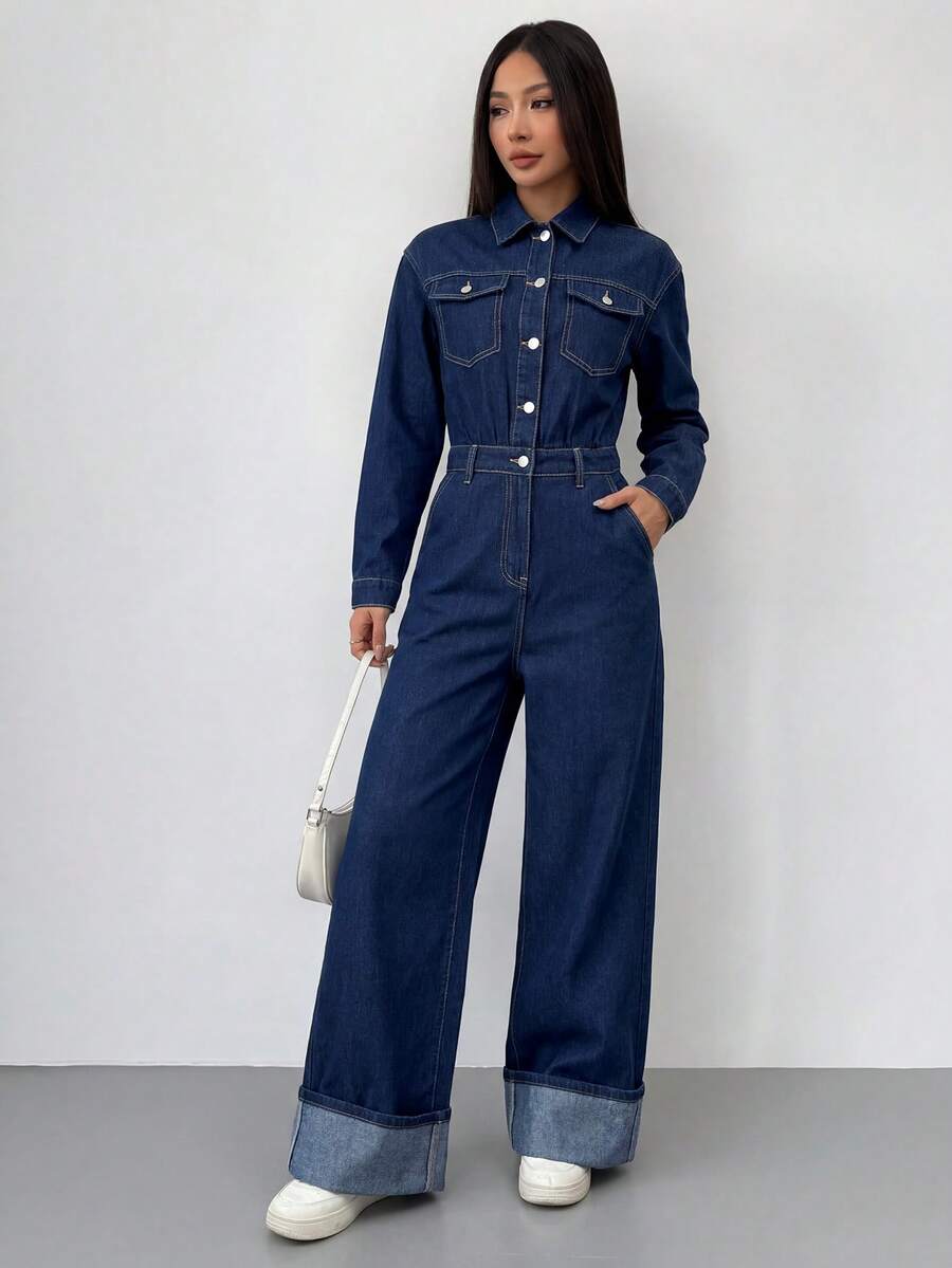 SHEIN EZwear 女款時尚通勤牛仔連身褲 秋季優雅街頭風休閒 Y2K 時尚基礎款 適合節慶返校外出旅行 海軍藍 - 藍色 - 查看 1