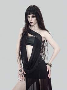 ROMWE Goth 垂領哥德風流蘇抹胸上衣 女款PU皮革金屬仿針織 性感辣妹風 - 黑色 - 查看 12