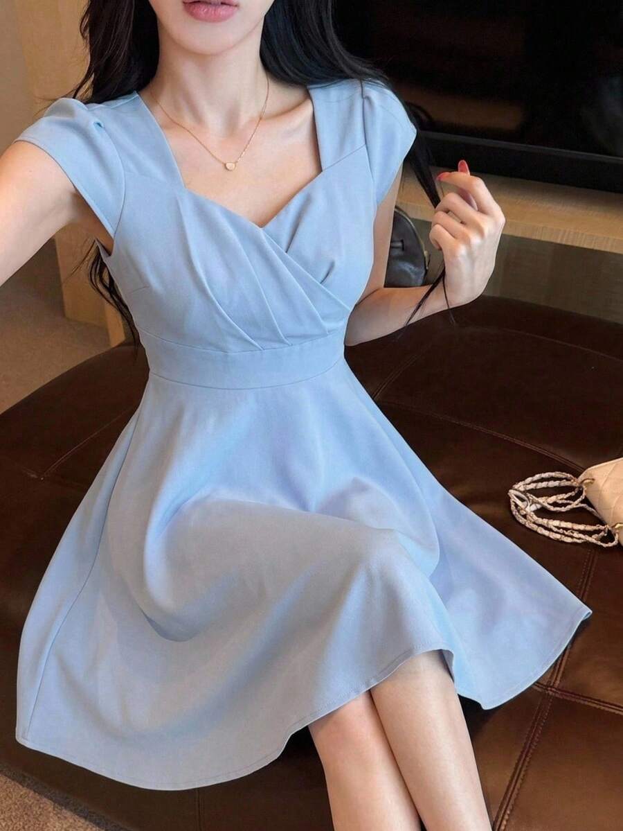 DAZY 女士优雅纯色褶皱泡泡袖迷你连衣裙，夏季婚礼宾客礼服/吊带裙/鸡尾酒裙 - 藍色 - 查看 1