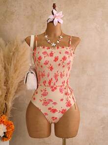 Swim Vcay White Random Print Smocked One-Piece Swimsuit With Adjustable Shoulder Straps, Tropical Boho Beach Vacation Swimwear For Women Summer - Yellow - View 2