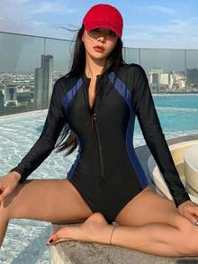 Livesso 女款拼色長袖連身運動泳衣 夏季海灘穿搭 - 黑色 - 查看 4