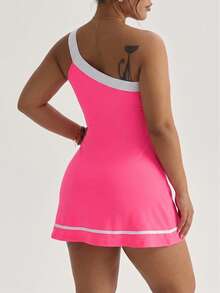 SHEIN Dewbera 2PCS Spring/Summer Sports Dress, Red Color Block One Shoulder Skirt With Contrast Stripe, Detachable Shorts And Pockets, Suitable For Casual Wear, Running, Yoga, Gym, Tennis, Golf - Hot Pink - View 2