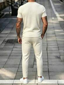 Manfinity Homme 春夏新款休閒戶外男士運動服套裝，柔軟舒適面料，可機洗，適合健身、戶外運動與日常休閒穿著，可作為男士生日禮物 - 米色 - 查看 2