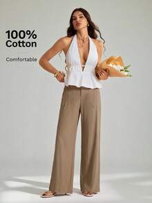 SHEIN Tall 100%水洗棉低腰直筒長褲 - 駝色 - 查看 6