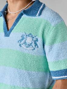 SUMWON Boxy Fit Fuzzy Knit Stripe Polo With Embroidery Short Sleeve V-Neck Collared Summer Sweater Top - Multicolor - View 4