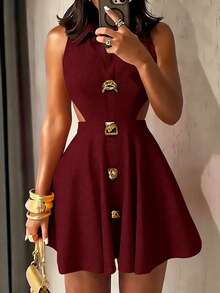 Glyssa Women's Lapel Sleeveless Short Waist-Cinching Asymmetrical Metal Buckle Hollow-Out A-Line Fashion Dress Series New Year Spring New Luxury Valentine's Day Sweet Party New Year's Eve Yellow Elegant Dress - Burgundy - View 3
