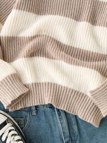 SHEIN 1件女童針織衫，時尚經典配色拼接條紋，簡約百搭圓領休閒寬鬆款，適中厚度，整齊下擺，緊口袖口，適合日常穿著、居家舒適、外出、聚會、學校等場合，秋冬穿搭 - 彩色 - 查看 3