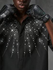 NEON BLANC Camisa casual de manga corta con pedrería y abotonadura sencilla para hombre - Negro - Ver 4