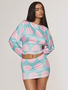 MUSERA Blue Pink Polka Dot Jersey Batwing Cinched Waist Longsleeve Top - Multicolor - View 2