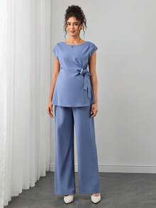 Momance Blue Tie-Strap Short Sleeve Top And High-Waist Wide-Leg Pants Set, Round Neck Design, Bow Tie Waist, Draped Wide-Leg Long Pants, Summer Lightweight, Slimming And Height-Enhancing, Versatile Commute, Minimalist Premium Feel, European And American Style, Casual Everyday - Blue - View 5