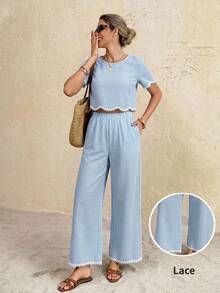 SHEIN Frenchy Women's Plaid Round Neck Short Sleeve Top And Long Pants Casual Cute Daily 2 Pieces Set Beach Blue Gingham Summer - Blue and White - View 1