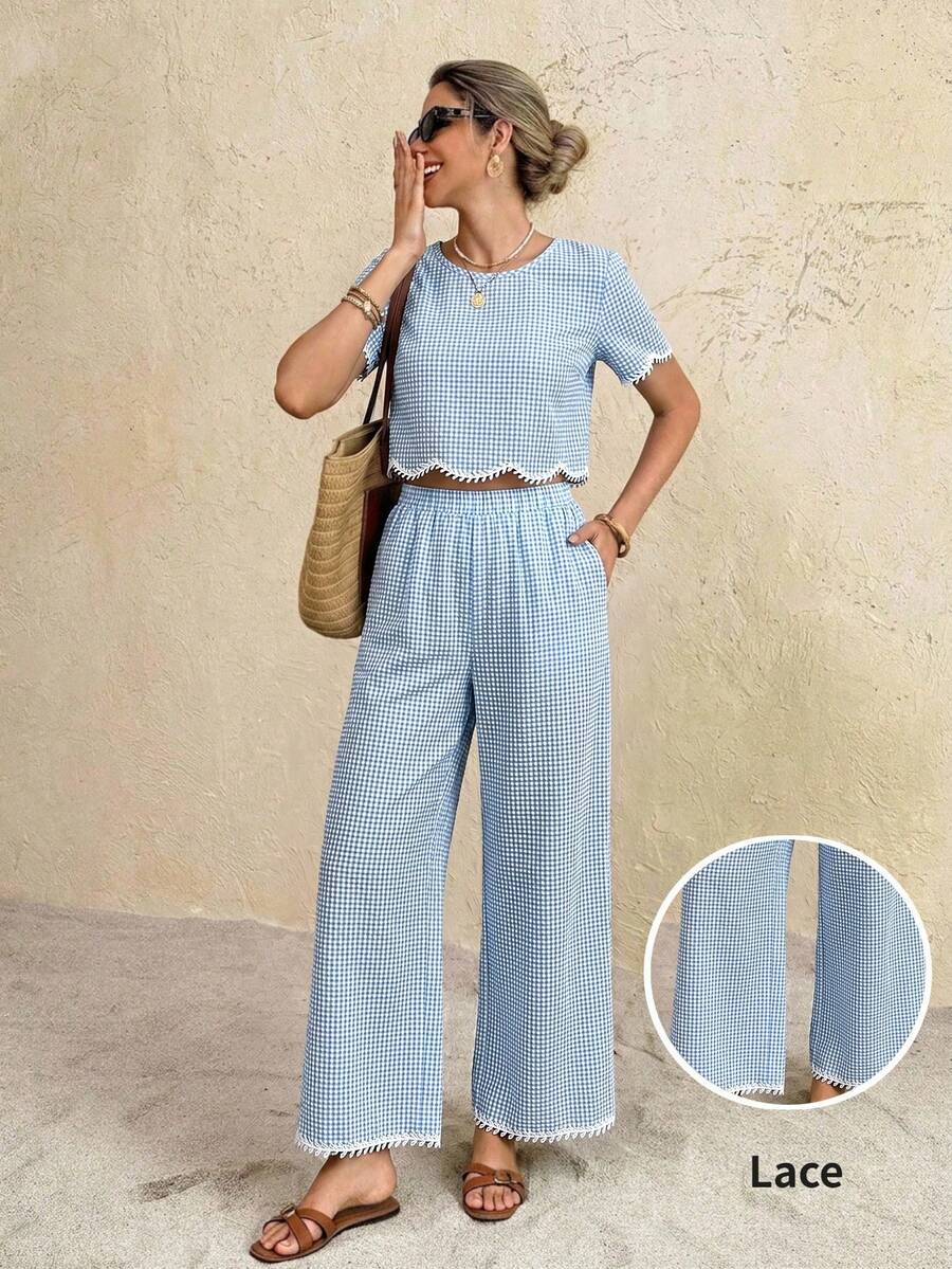 SHEIN Frenchy Women's Plaid Round Neck Short Sleeve Top And Long Pants Casual Cute Daily 2 Pieces Set Beach Blue Gingham Summer - Blue and White - View 1