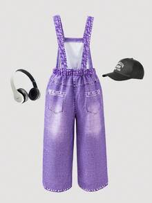 Mono de peto para niñas jóvenes con estampado de denim, detalle de cadena y estampado divertido de letras, atuendo de moda para volver a la escuela, primavera verano otoño, arcoíris púrpura - Morado - Ver 2