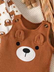 SHEIN Newborn Baby Boy's Brown Bear Long-Sleeve Romper Set Includes Bear-Embroidered Romper And Hat Autumn Fall Photoshoot Family Matching Cute - Brown - View 6