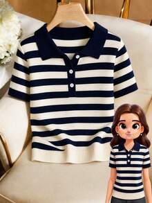 SHEIN PariChic 女款春夏薄款針織上衣，條紋拼接休閒套頭衫，優雅短袖 Polo 衫 - 寶藍色 - 查看 3