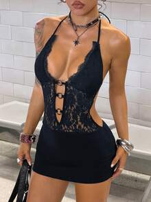 SHEIN Jeanoir Sexy Sheer Lace Backless Hollow Design Mini Dress For Women - Navy Blue - View 1